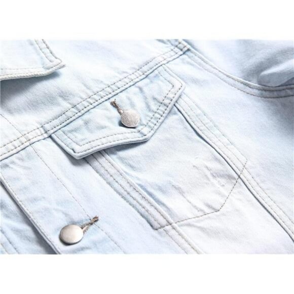 Light Wash Distressed Jean Jacket Ripped Acid Wash Slim Denim Trucker Jacket - Picture 3 of 8